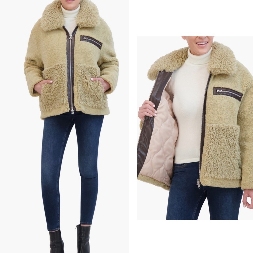 NWT HUDSON JEANS faux leather & faux shearling zip up jacket natural color small
